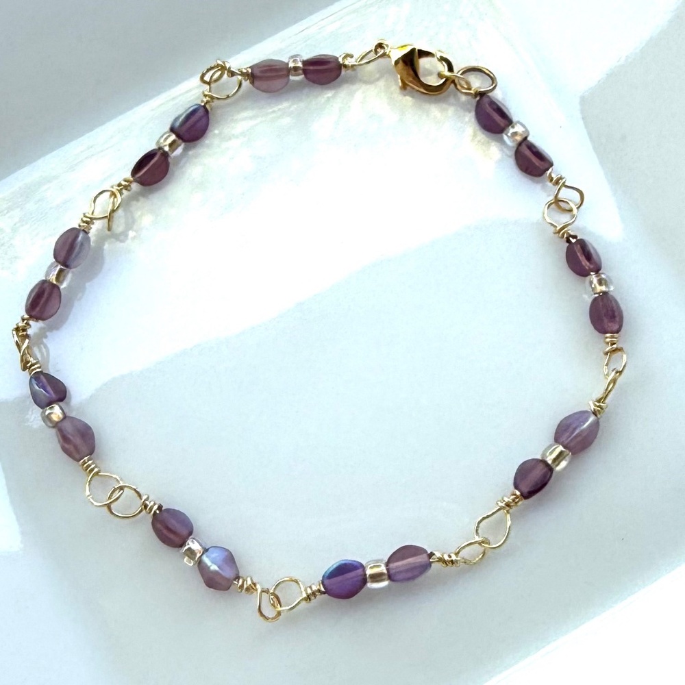 Hand Crafted Purple Pinch Beads & Clear Seed Beads Gold Tone Wire Wrapped Chain